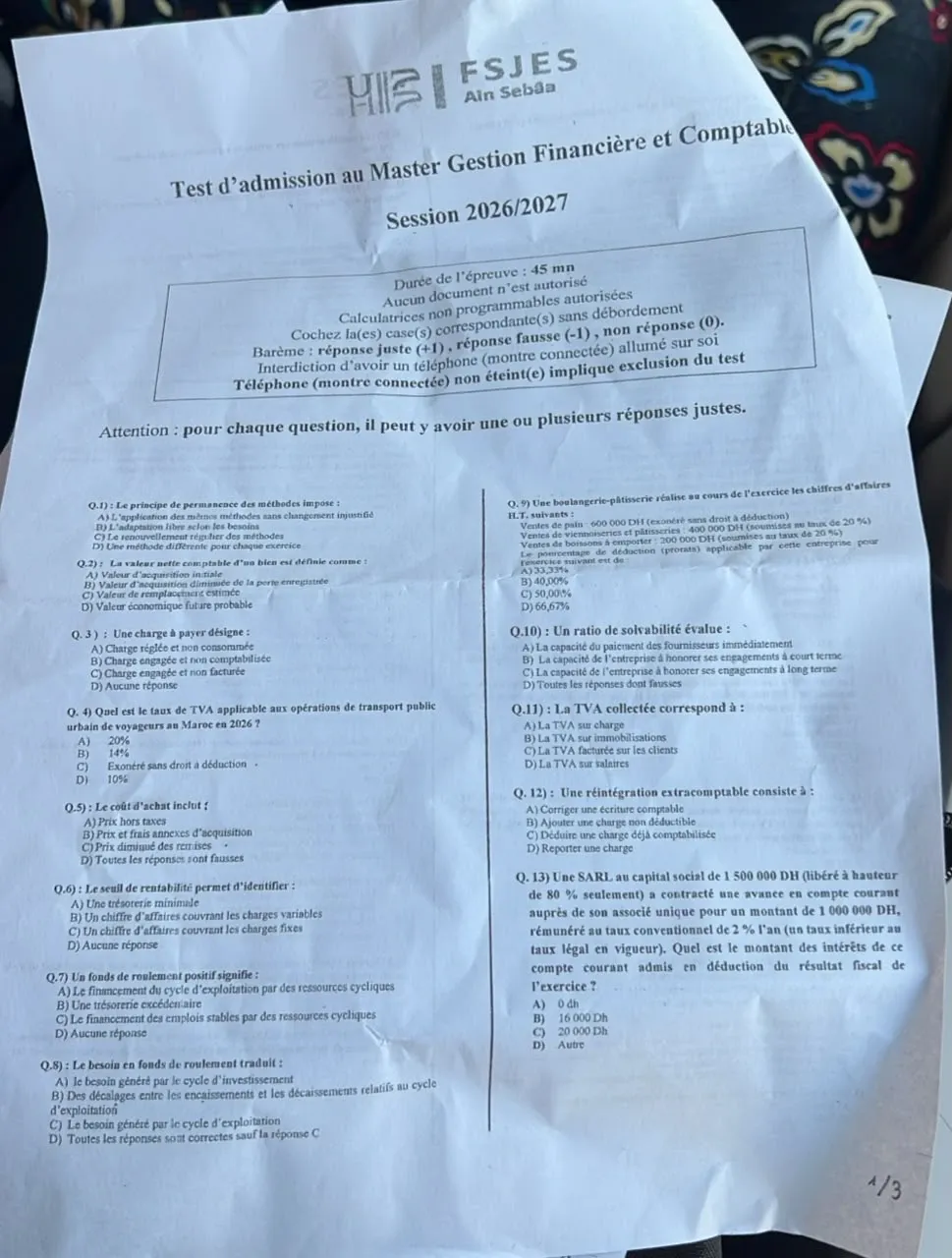 Extrait scanné — FSJES Ain Sebaâ 2026