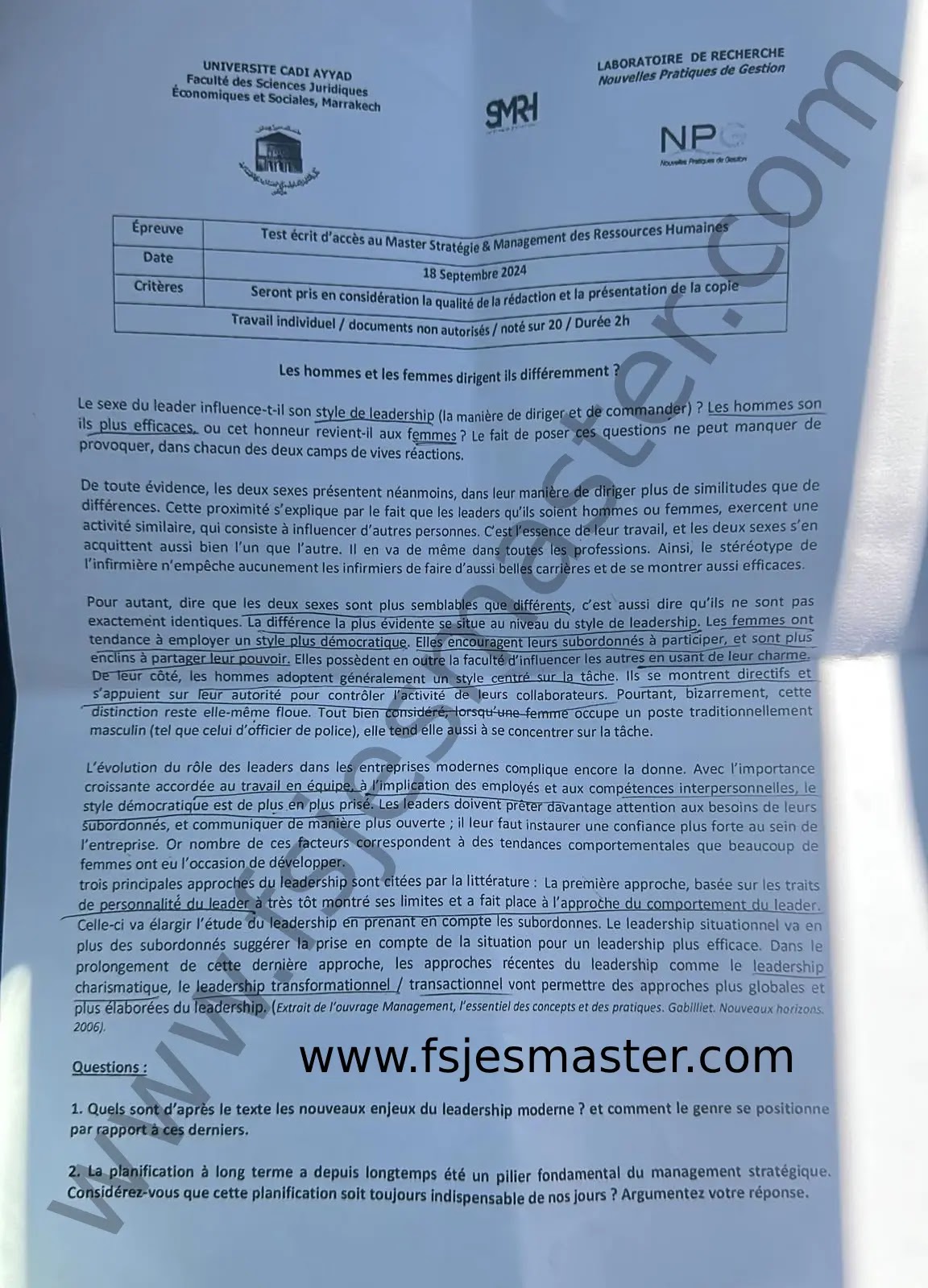 Extrait scanné — FSJES Marrakech (Cadi Ayyad) 2024